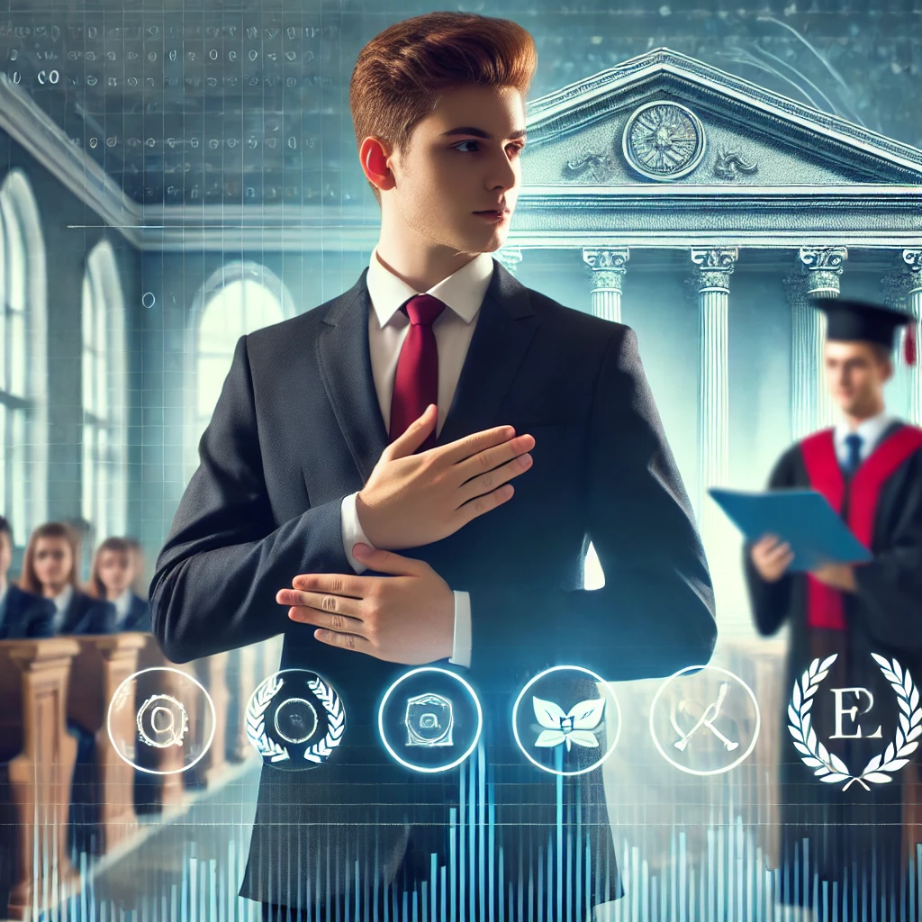 DALL·E 2025-02-21 21.23.35 - A university student in a professional and respectful academic setting, dressed in formal attire, engaging in responsible and ethical behavior. The ba